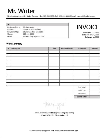 Ms Word Freelance Writer Invoice Service Invoices