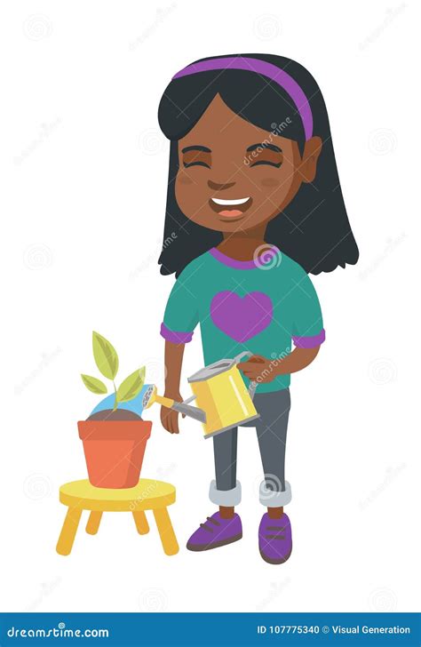 African Girl Watering Plant With A Watering Can Stock Vector