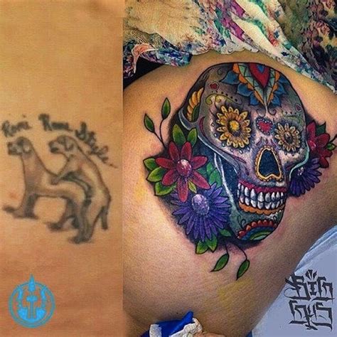 Specializing in cover ups with 19 years experience cover up tattoo using the original tattoo in the cover up. sugar skull by Big Gus Hesperia Ca USA | cover up tattoos | Cover up tattoos, Cover tattoo, Tattoos