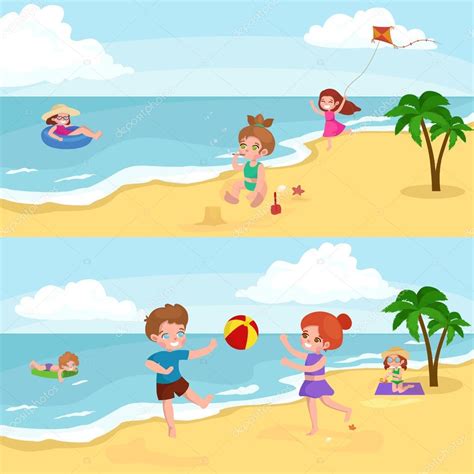 Summer Children Kids Playing In The Sand On Beach Stock Vector By