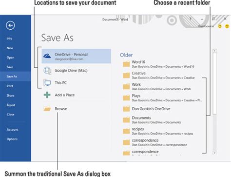 How To Save A Document In Word 2016 Dummies