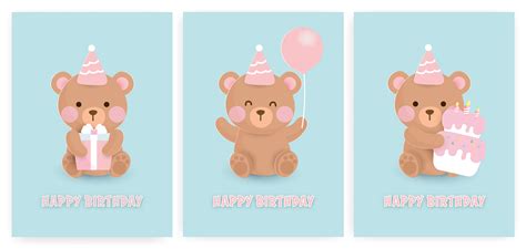Set Of Happy Birthday Bear Cards Vector Art At Vecteezy