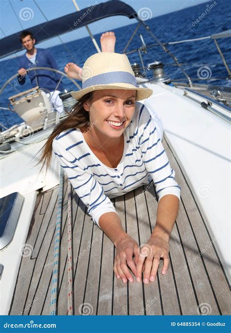 Beautiful Young Woman On A Sailing Boat Stock Photo Image Of Sailboat