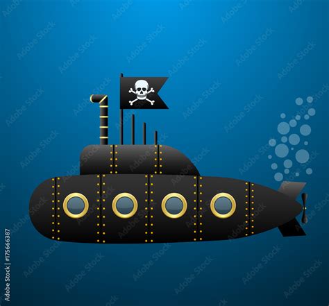 Black Pirate Submarine Under The Water Jolly Roger Flag Cartoon