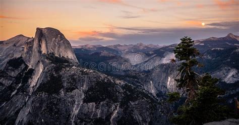 Sunset And Moonrise On Half Dome Yosemite National Park California
