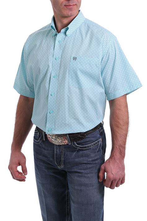 cinch jeans mens short sleeve light blue and white geometric print button down western shirt