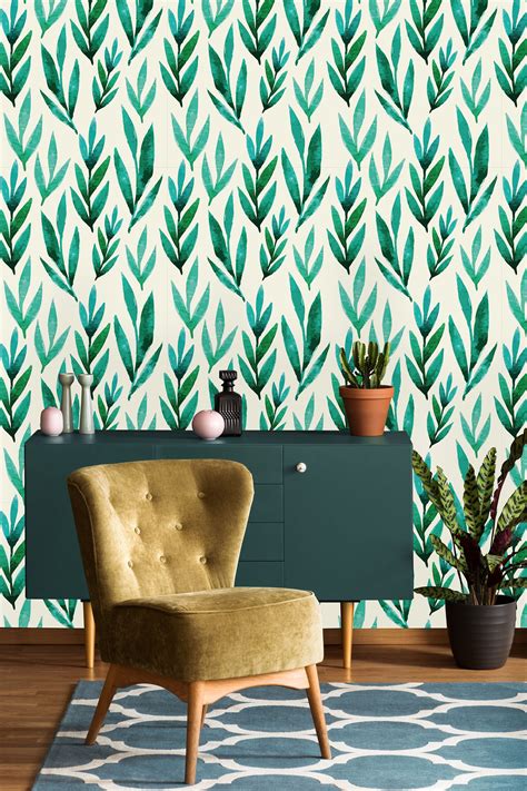 Watercolor Green Leaves Removable Wallpaper Peel And Stick Wallpaper