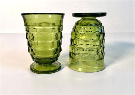 Vintage Set Of 4 Whitehall Juice Glasses Green Avocado By Colony Heavy Juice Glasses Waffle
