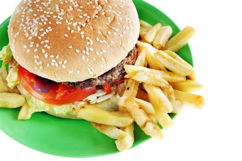 Hamburger With French Fries In The Plate Stock Image Image Of Beef