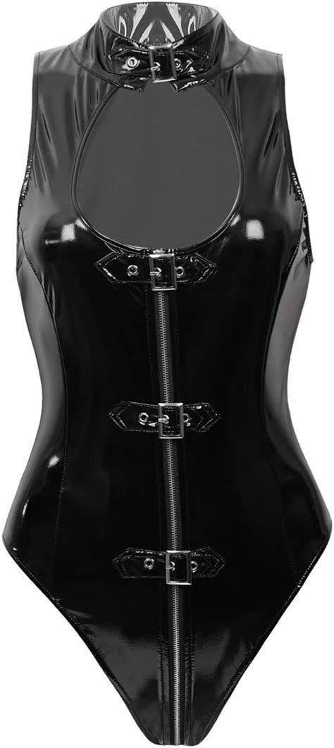 Zaldita Womens Sexy Patent Leather Bodysuit Zip Up Buckle Sleeveless Front Keyhole Bodycon