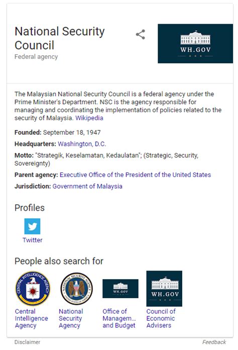 National security council, prime minister's department, level lg & g, west wing, perdana putra building, federal government administrative center (5,617.68 mi) putrajaya, malaysia, 62502. Apparently Malaysia and America share a National Security ...