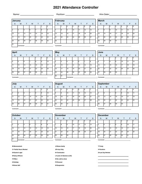 2021 Employee School Attendance Tracker Calendar Employee Etsy In