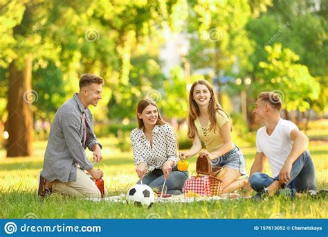 Young People Enjoying Picnic on Summer Day Stock Photo - Image of male ...