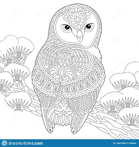 Zentangle Owl Coloring Page Stock Vector Illustration Of