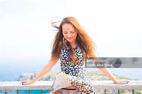 Surprised Woman Have Embarrassing Moment When The Strong Wind Move Her