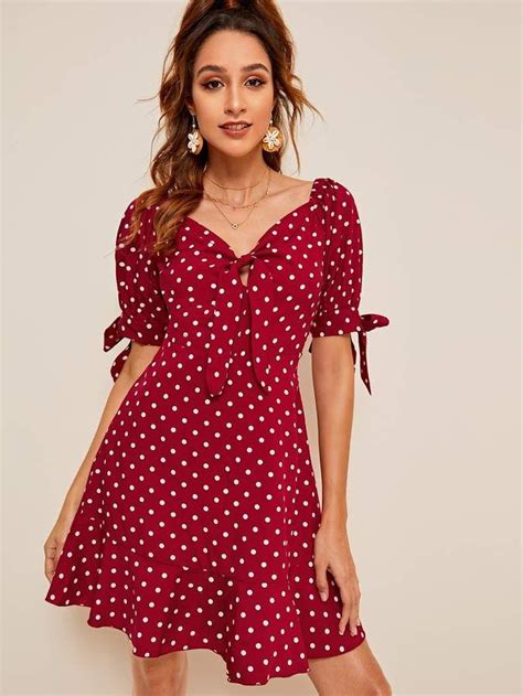 Shein Polka Dot Print Flippy Hem Knotted Dress Fashion Dress Shirts