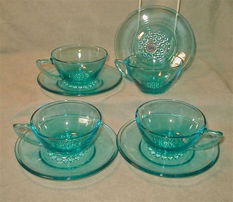 Hazel Atlas Capri Hobnail Cups Saucers 1960 Electric Blue Tea Pots