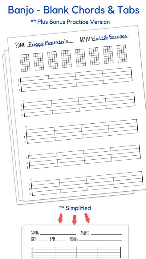 Banjo Blank Tabs And Chords Instant Printable Download Instant Download
