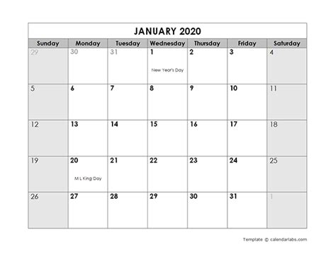 2020 Monthly Calendar With Holidays Printable