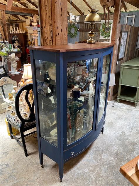 Refinished Distressed Blue Wood Curio Cabinet With Curved Etsy