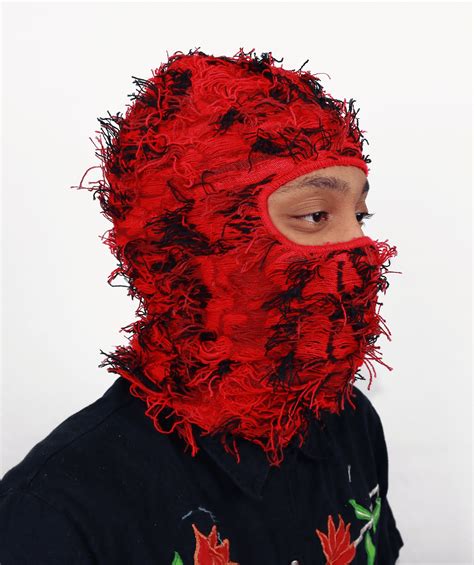 Red Camo Knitted Balaclava Distressed Balaclava Ski Mask Etsy