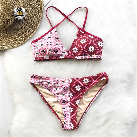 Cupshe Red Flora Print Bikini Set Women V Neck Patchwork Sexy Two Pieces Swimwear 2018 Beach