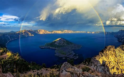 Crater Lake Rainbows Island Lake Forest Mountain Sunrise Clouds Cliff
