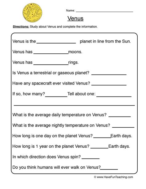 Venus Planet Worksheet 2 Fill In This Fact Sheet About The Planet