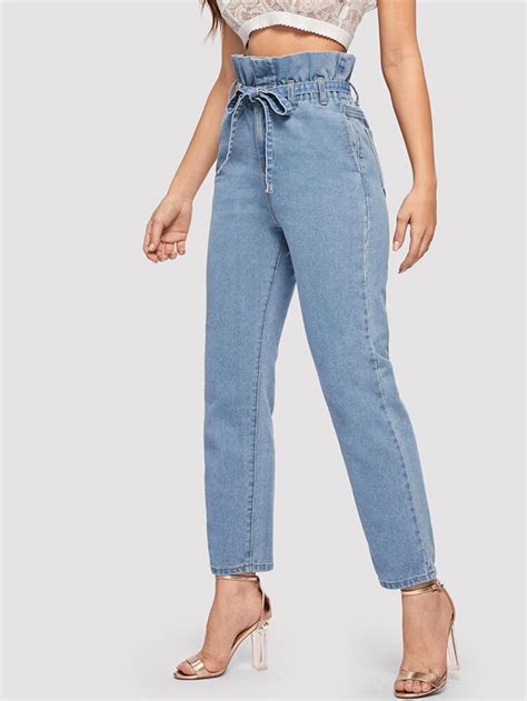Shein High Waisted Slant Pocket Belted Jeans In 2022 Women Jeans