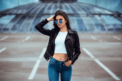 Wallpaper Portrait Belly Sunglasses Leather Jackets Jeans Women Outdoors 2048x1365