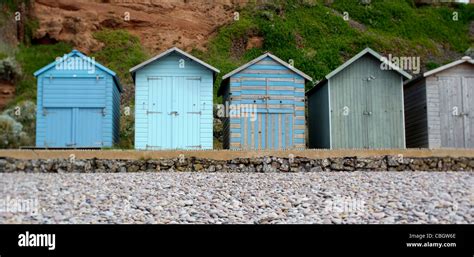 Colourful Wooden Beach Huts Along The Seafront At Budleigh Salterton Devon Stock Photo Alamy