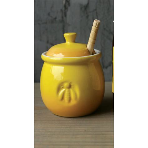 Creative Co Op Casual Country Stoneware Honey Pot With Wood Honey