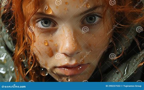 Cute Redhead Girl Smiling Wet From Rain Looking Cheerful Generated By