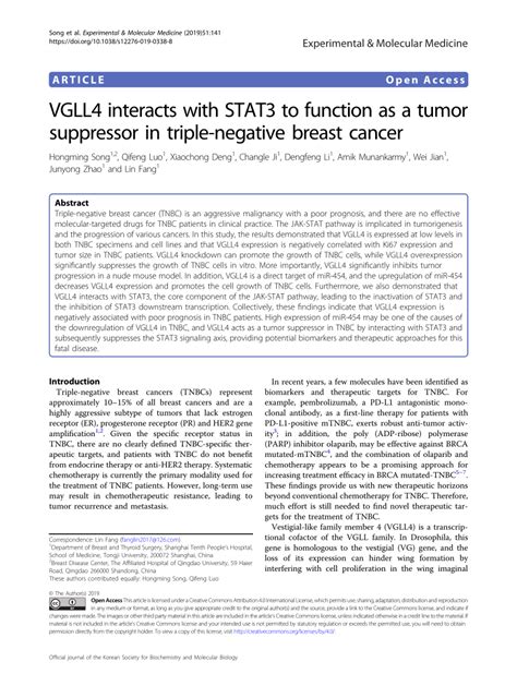 pdf vgll4 interacts with stat3 to function as a tumor suppressor in triple negative breast cancer