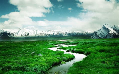 Mountains With Snow Green Meadow Flow Water Desktop Wallpaper Hd 09675