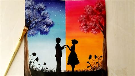 Easy Acrylic Painting For Beginners A Romantic Couple On Day And Night Scenery Painting For