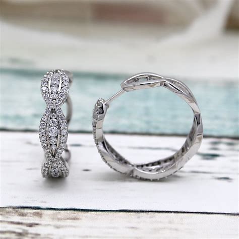 Round Natural Diamond Designer 14kt White Gold Hoop Earrings
