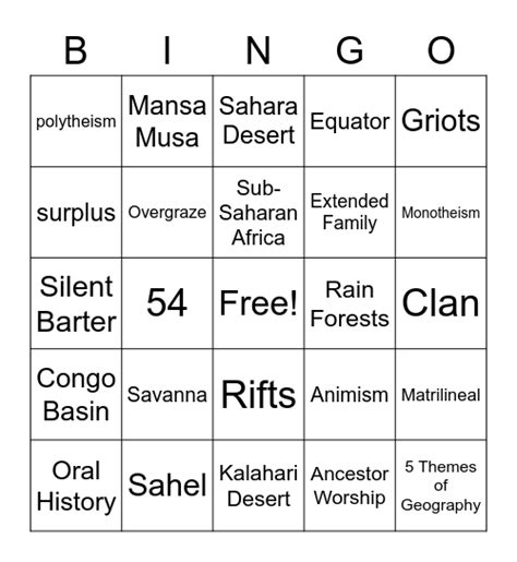 Africa Vocabulary Bingo Card