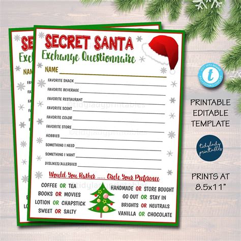 Secret Santa T Exchange Printable T Questionnaire Favorite