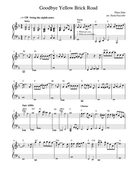 Goodbye Yellow Brick Road Beginner Piano Sheet Music For Piano Solo
