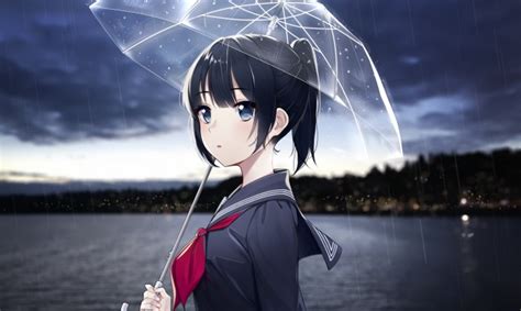 Wallpaper Anime Girl Raining Umbrella Black Hair Ponytail Profile