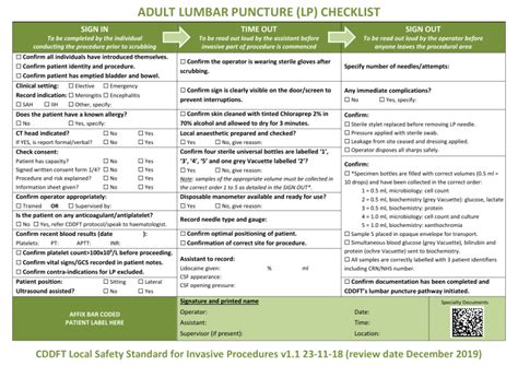 Adult Lumbar Puncture Checklist