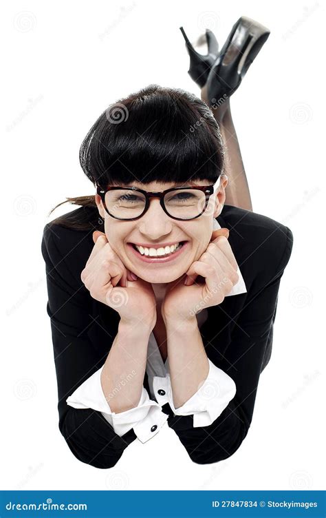 Woman Relaxing On Floor With Hands On Her Cheeks Stock Photo Image Of