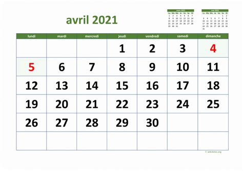 Calendrier Avril 2021