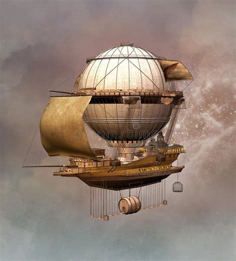 D Illustration Of A Fantasy Airship In Steampunk Style On Isolated White Background Stock