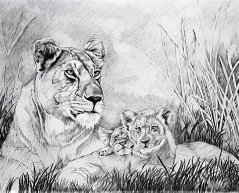 Lioness With Two Cubs Lithographs Of Original Pencil