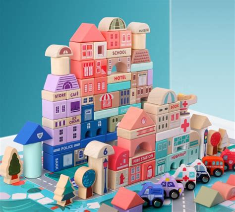 Childrens Wooden City Building Blocks With Jigsaw Matt Scenery Etsy