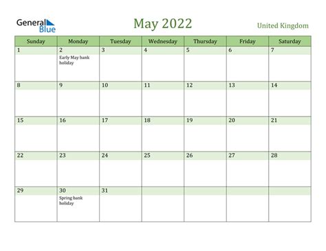 United Kingdom May 2022 Calendar With Holidays