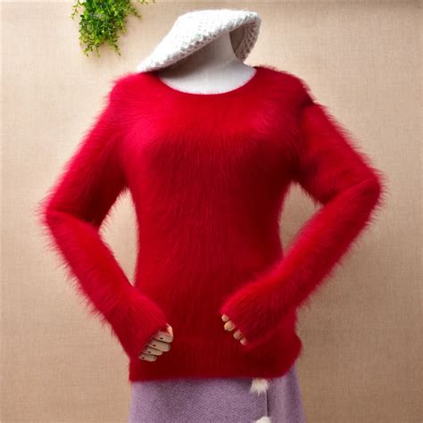 Female Women Christmas Red Autumn Winter Clothing Hairy Mink Cashmere Knitted O Neck Long