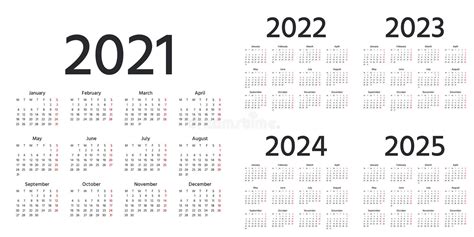 Calendar 2021 2022 2023 2024 2025 Years Vector Illustration